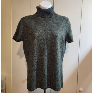 Liz Claiborne Wool Blend Green Tan Short Sleeve Knit Turtleneck Sweater, Medium